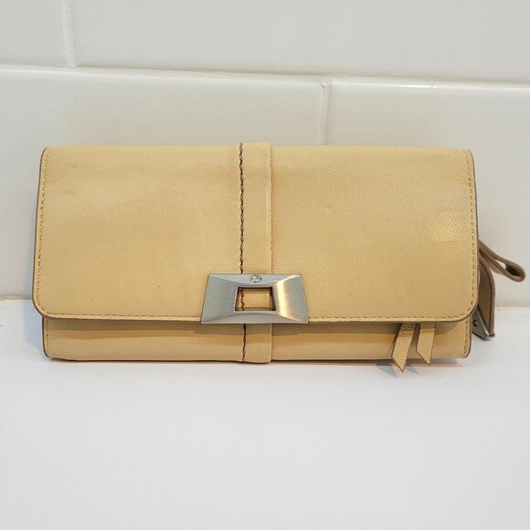 Frances Cobiasia Beige Calf Leather Zippered Multi Slot Bill Wallet New - Picture 1 of 9